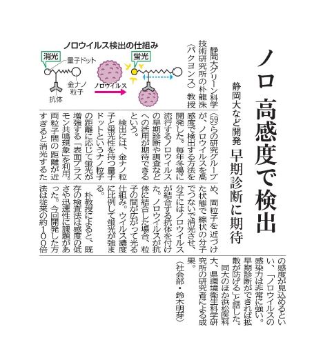 朴所長らの研究グループがノロウィルスを高感度検出する方法を開発した記事が静岡新聞に掲載されました